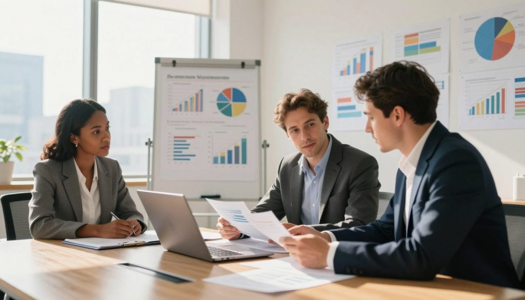 A group of top-rated accountants engaged in a discussion at a sleek, modern office environment. In the foreground, a diverse team of three accountants—one Black woman and two Caucasian men—are gathered around a polished conference table, examining financial reports on a laptop. They are dressed in sharp professional business attire, exuding confidence and expertise. The middle ground features a whiteboard filled with strategic financial plans, while colorful charts and graphs are displayed on the walls. The background showcases a bright, sunlit office with large windows revealing a city skyline. The scene is illuminated with warm natural light, creating an uplifting and productive atmosphere, captured from a slightly angled, eye-level perspective to convey a sense of engagement and collaboration.