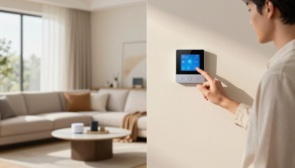 A modern living room featuring a sleek, smart thermostat prominently displayed on the wall. In the foreground, a professional individual, dressed in smart casual attire, is adjusting the thermostat with a focused expression. In the middle ground, stylish furniture, such as a cozy sofa and a coffee table with energy-saving gadgets, conveys a sense of modern living. The background shows a large window with natural light streaming in, illuminating the space and enhancing the warm atmosphere. Soft shadows add depth to the scene. The overall mood is one of efficiency and comfort, illustrating how smart thermostats can optimize energy use in a home environment. The image should be bright and inviting, with attention to detail in the decor and functionality of the thermostat.