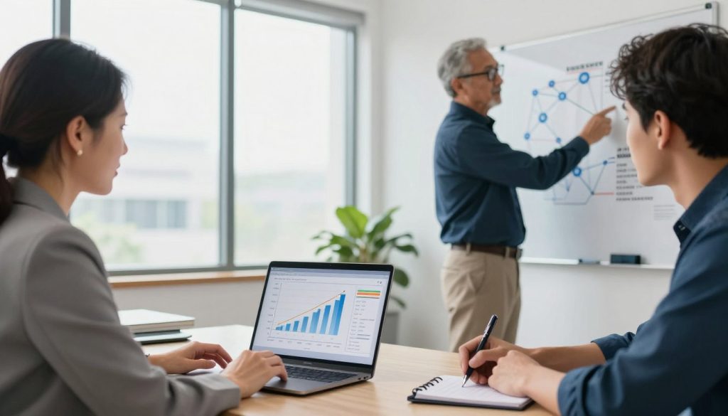 A professional business setting with a diverse group of three individuals, focused on assessing bandwidth and speed requirements for internet services. In the foreground, a middle-aged woman in a tailored blazer examines a digital chart displaying varying bandwidth data on a sleek laptop, while a young man in smart casual attire jots down notes. A thoughtful senior man in glasses gestures towards an infographic on the wall comparing internet service options. The middle space features a modern office environment with large windows allowing natural light to illuminate the scene. In the background, a whiteboard displays technical diagrams of network setups. The atmosphere is focused and collaborative, with a slight sense of urgency as they strategize their internet needs.