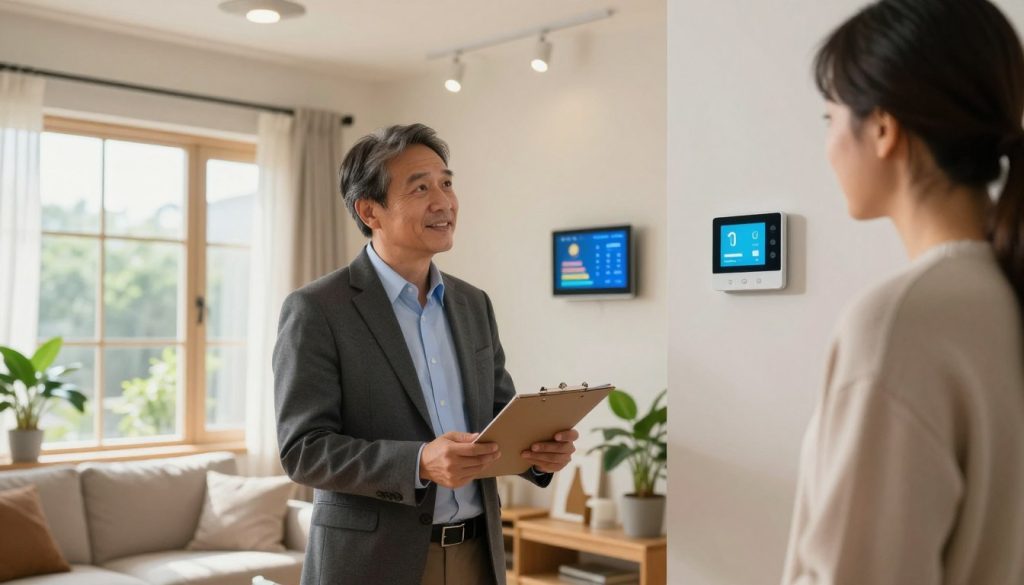 A residential energy auditor is inspecting a cozy living room, filled with natural light streaming through large windows. In the foreground, a middle-aged professional wearing a tailored business attire is holding a clipboard and discussing energy efficiency features with a homeowner, who is attentively listening. The living room is decorated with energy-efficient LED lights, houseplants, and a smart thermostat prominently displayed on the wall, indicating a focus on sustainability. In the middle background, a wall-mounted energy monitor showcases real-time usage data. Soft, warm lighting creates an inviting atmosphere, emphasizing a sense of trust and collaboration. The camera angle is slightly elevated, capturing both the auditor and homeowner in a dynamic yet professional setting, showcasing the importance of home energy audits in a modern residential space.