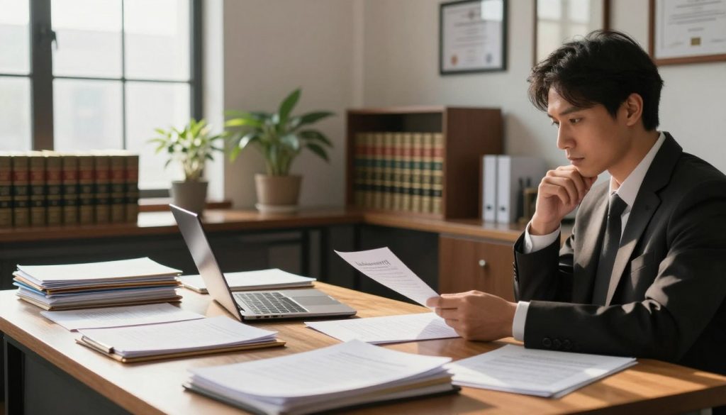 A serene office setting, showcasing a wooden desk cluttered with neatly organized legal documents, folders, and a laptop glowing softly in the warm afternoon light. In the foreground, a focused professional in formal business attire is reviewing a contract with a look of contemplation. The middle layer captures a view of the room, featuring shelves lined with law books, a potted plant providing a touch of green, and framed certificates on the wall, symbolizing expertise and credibility. The background reveals a large window allowing natural light to fill the room, illuminating the space and creating a calm atmosphere. The overall mood conveys diligence and the significance of documentation in legal disputes, emphasizing clarity and professionalism.
