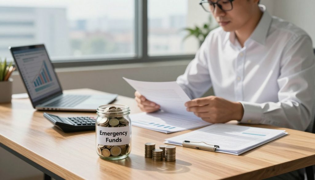 A serene office space bathed in soft natural light, featuring a wooden desk neatly arranged with financial documents, a sleek calculator, and an open laptop displaying a graph of savings growth. In the foreground, a glass jar filled with an assortment of coins and bills labeled "Emergency Funds" sits prominently, symbolizing financial security. In the middle ground, a well-dressed business professional, wearing a crisp shirt and glasses, reviews the documents with a thoughtful expression, emphasizing the importance of planning for emergencies. The background includes a large window with a view of a calm cityscape, creating a sense of stability and peace. The overall mood is one of professionalism and preparedness, capturing the essence of smart financial planning.