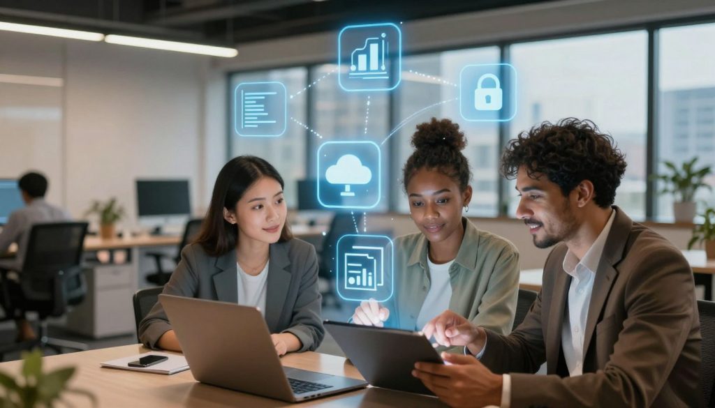 A visually engaging representation of essential technical skills for modern workplaces. In the foreground, display a diverse group of three professionals in smart casual attire, interacting with a digital tablet and a laptop. The middle layer features floating icons symbolizing vital skills such as coding, data analysis, cloud computing, cybersecurity, and project management, visually connected by lines of light. In the background, a modern office setting with sleek furniture, large windows revealing a cityscape, and soft, ambient lighting creates a productive atmosphere. The composition should suggest collaboration and innovation, with warm color tones enhancing the motivational mood of the scene. Capture the image from a slightly elevated angle to emphasize the teamwork and dynamism of the environment.