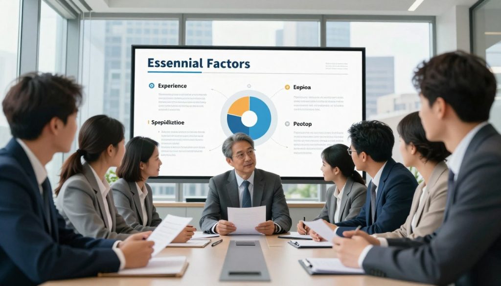 A visually striking scene illustrating the essential factors in selecting a law firm. In the foreground, a diverse group of professional individuals in business attire are discussing important documents at a sleek conference table. In the middle ground, a large wall display showcases key factors like experience, specialization, and reputation through engaging infographics. The background features tall windows with cityscape views, allowing natural light to fill the room, creating a bright and optimistic atmosphere. The lens captures a slightly elevated angle to emphasize both the people and the display, providing a dynamic perspective. The mood is focused and collaborative, conveying a sense of professionalism and decision-making.